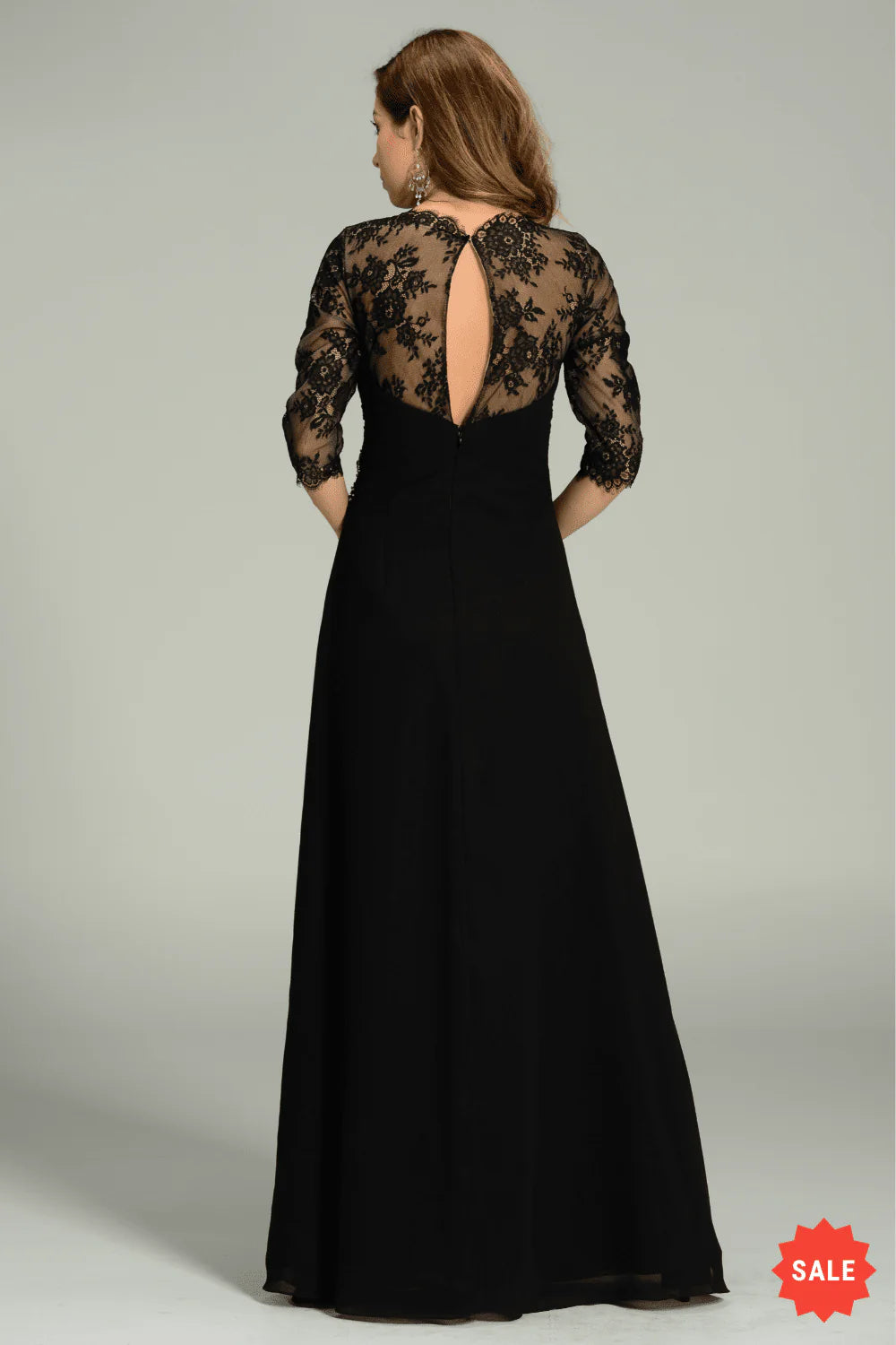 Black 3/4 Sleeve Lace Sheer Back Ruched Chiffon Maxi Evening Dress