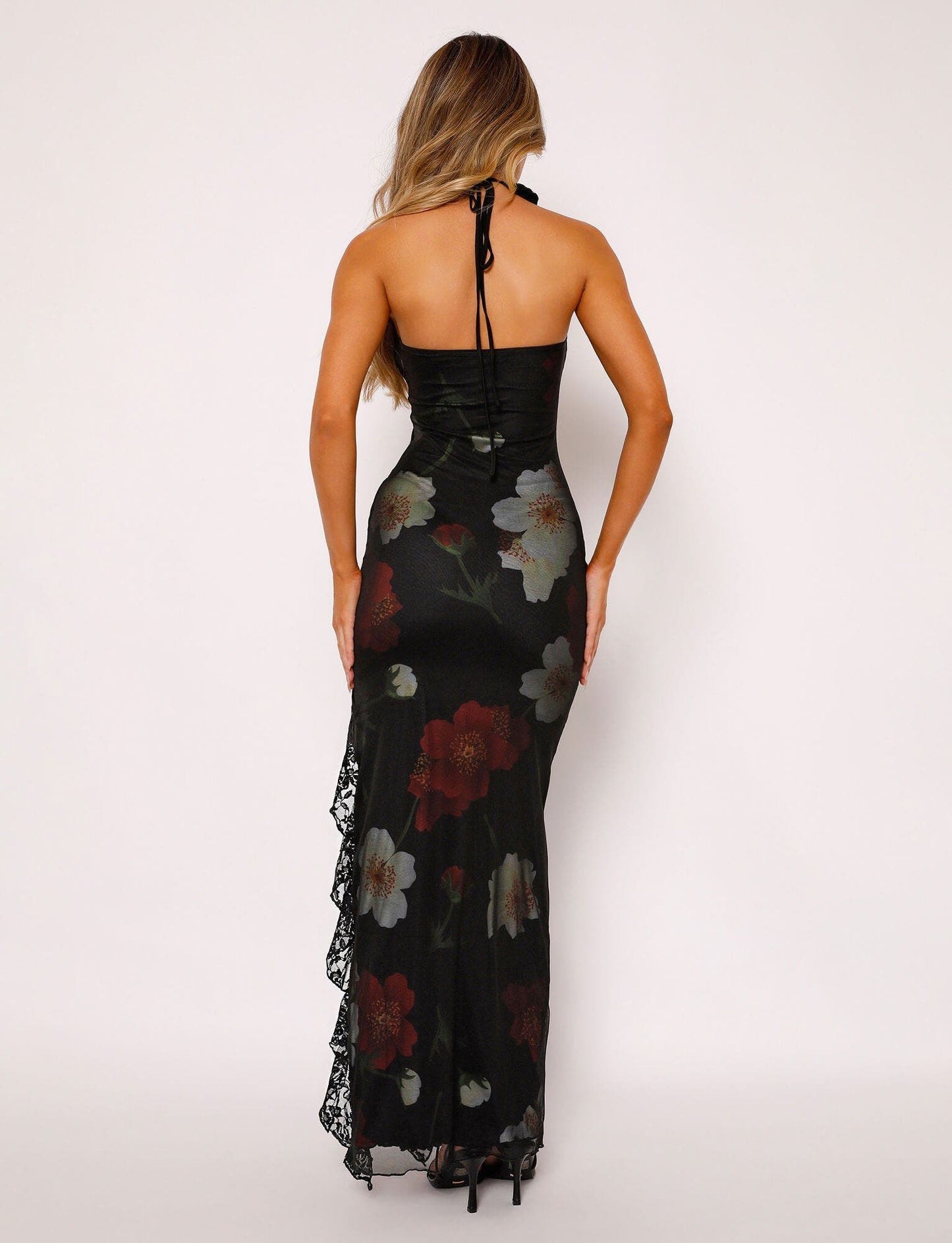 Black Floral Print Halter Neck Lace Trim High Slit Mermaid Floor Length Prom Dress