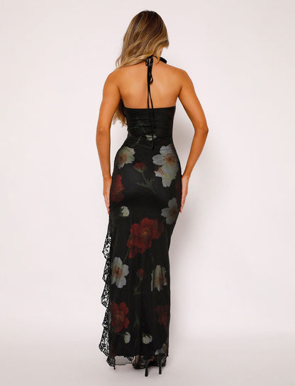 Black Floral Print Halter Neck Lace Trim High Slit Mermaid Floor Length Prom Dress