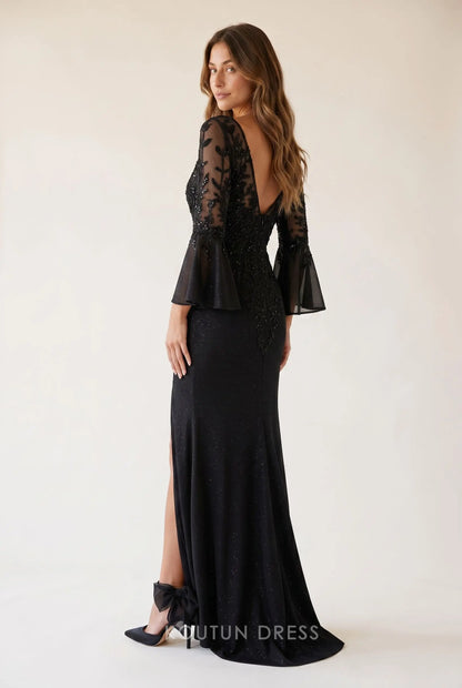 Black Glitter Knit V Neck Sheer Floral Lace Bell Sleeve High Slit Mermaid Back Cutout Maxi Prom Dress