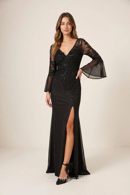 Black Glitter Knit V Neck Sheer Floral Lace Bell Sleeve High Slit Mermaid Back Cutout Maxi Prom Dress
