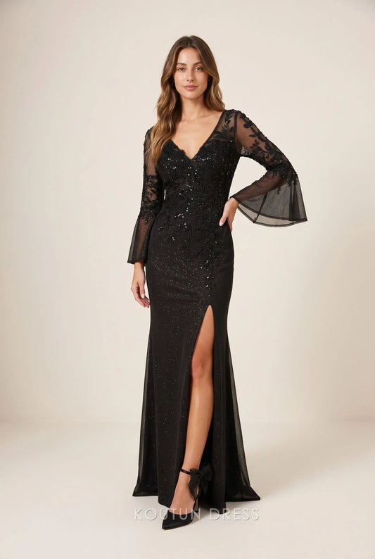 Black Glitter Knit V Neck Sheer Floral Lace Bell Sleeve High Slit Mermaid Back Cutout Maxi Prom Dress