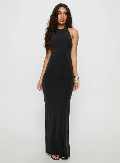 Black Halter Prom Dress with Open Back and Form Fitting Silhouette for Formal Events and Prom Nights