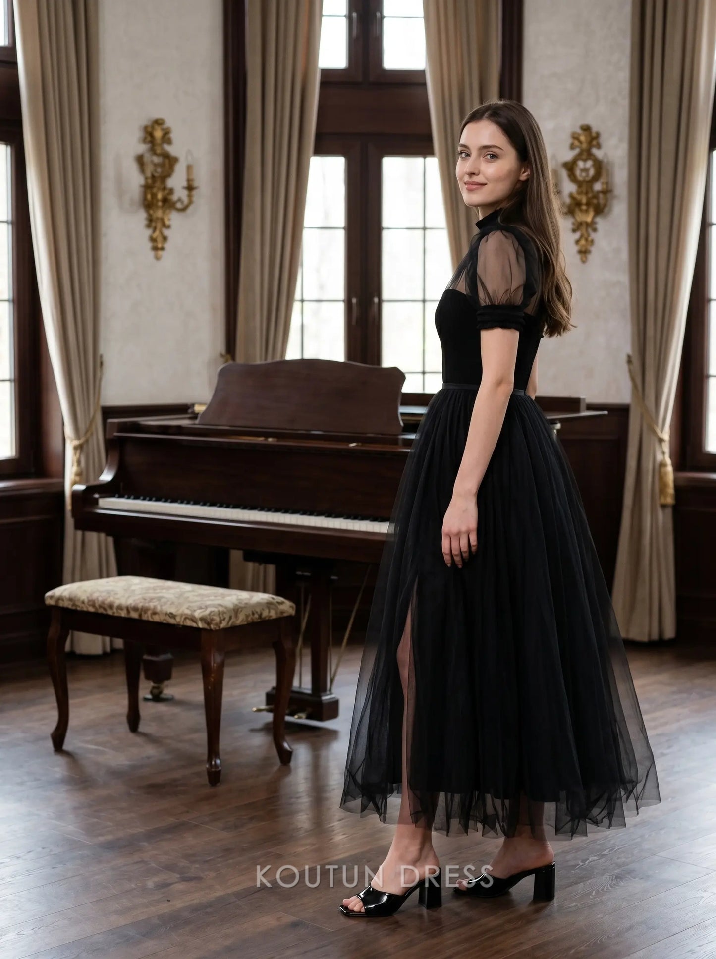 Black High Neck Puff Sleeve Sweetheart Bodice Tulle A Line Midi Formal Evening Prom Dress
