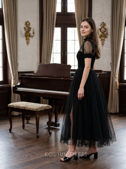 Black High Neck Puff Sleeve Sweetheart Bodice Tulle A Line Midi Formal Evening Prom Dress
