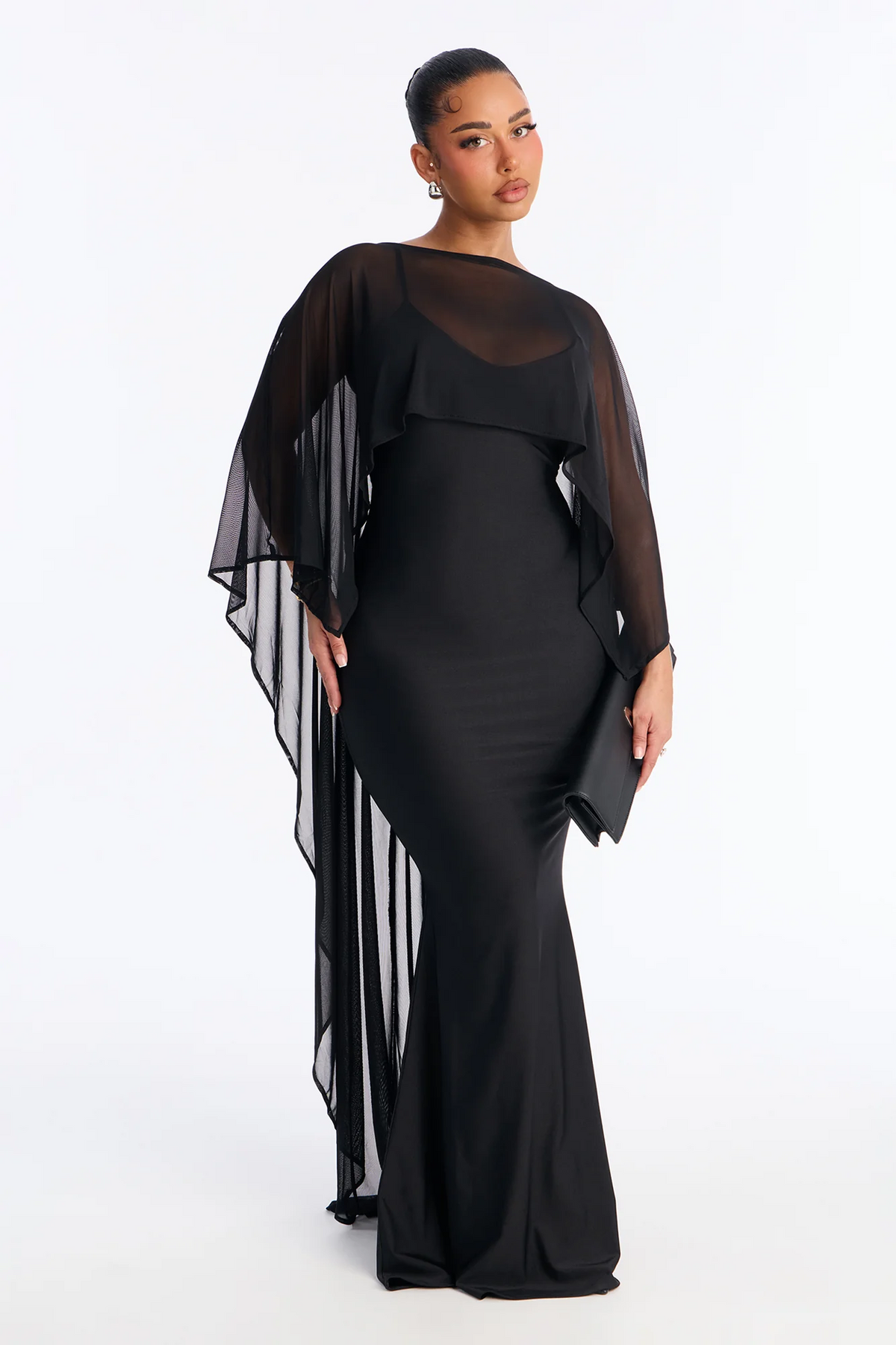 Black High Neck Sheer Mesh Cape Evening Dress With Train