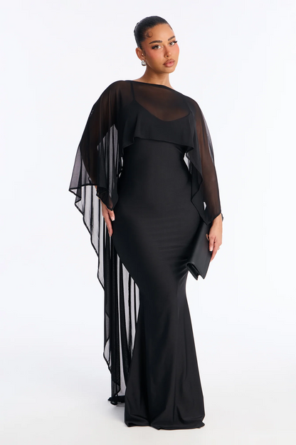 Black High Neck Sheer Mesh Cape Evening Dress With Train