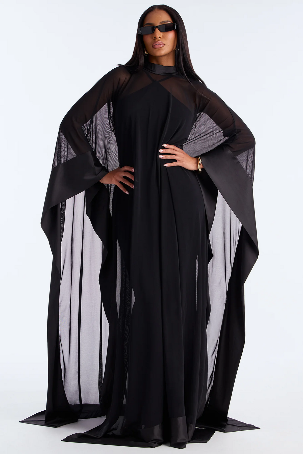 Black High Neck Sheer Mesh Cape Evening Dress With Train