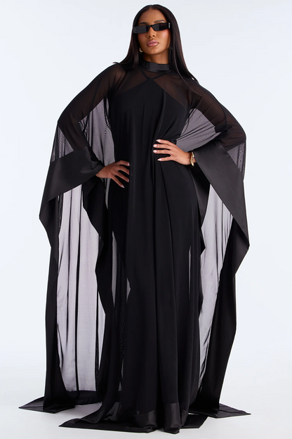 Black High Neck Sheer Mesh Cape Evening Dress With Train