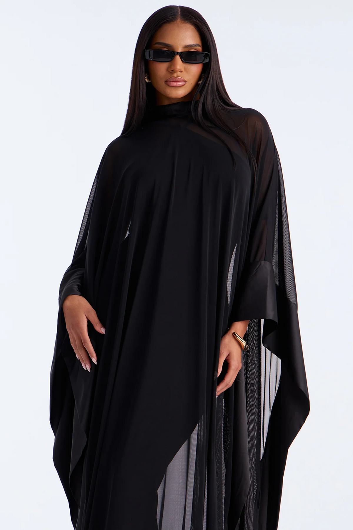 Black High Neck Sheer Mesh Cape Evening Dress With Train