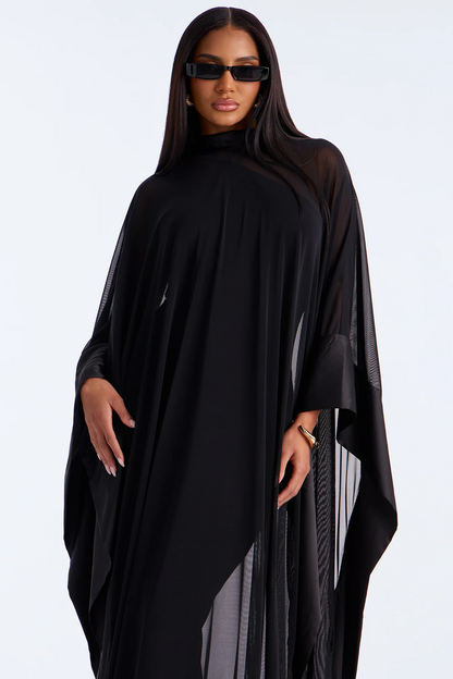Black High Neck Sheer Mesh Cape Evening Dress With Train