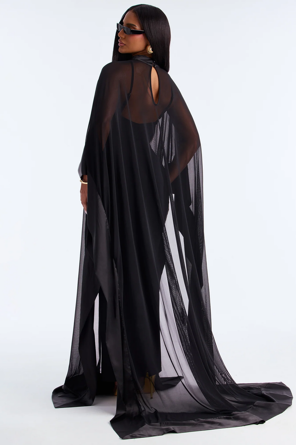 Black High Neck Sheer Mesh Cape Evening Dress With Train