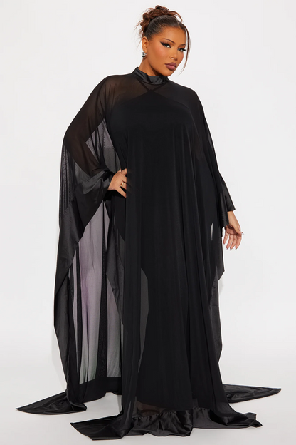Black High Neck Sheer Mesh Cape Evening Dress With Train