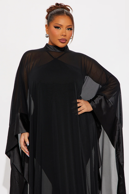 Black High Neck Sheer Mesh Cape Evening Dress With Train