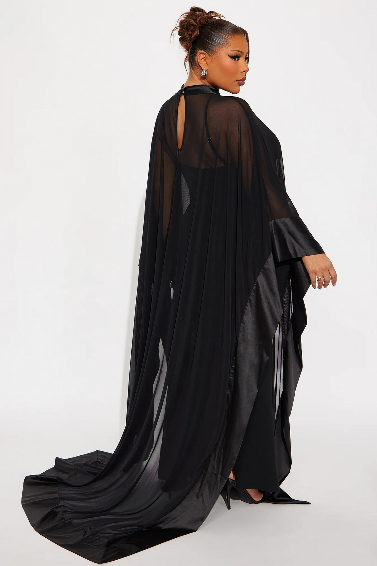 Black High Neck Sheer Mesh Cape Evening Dress With Train