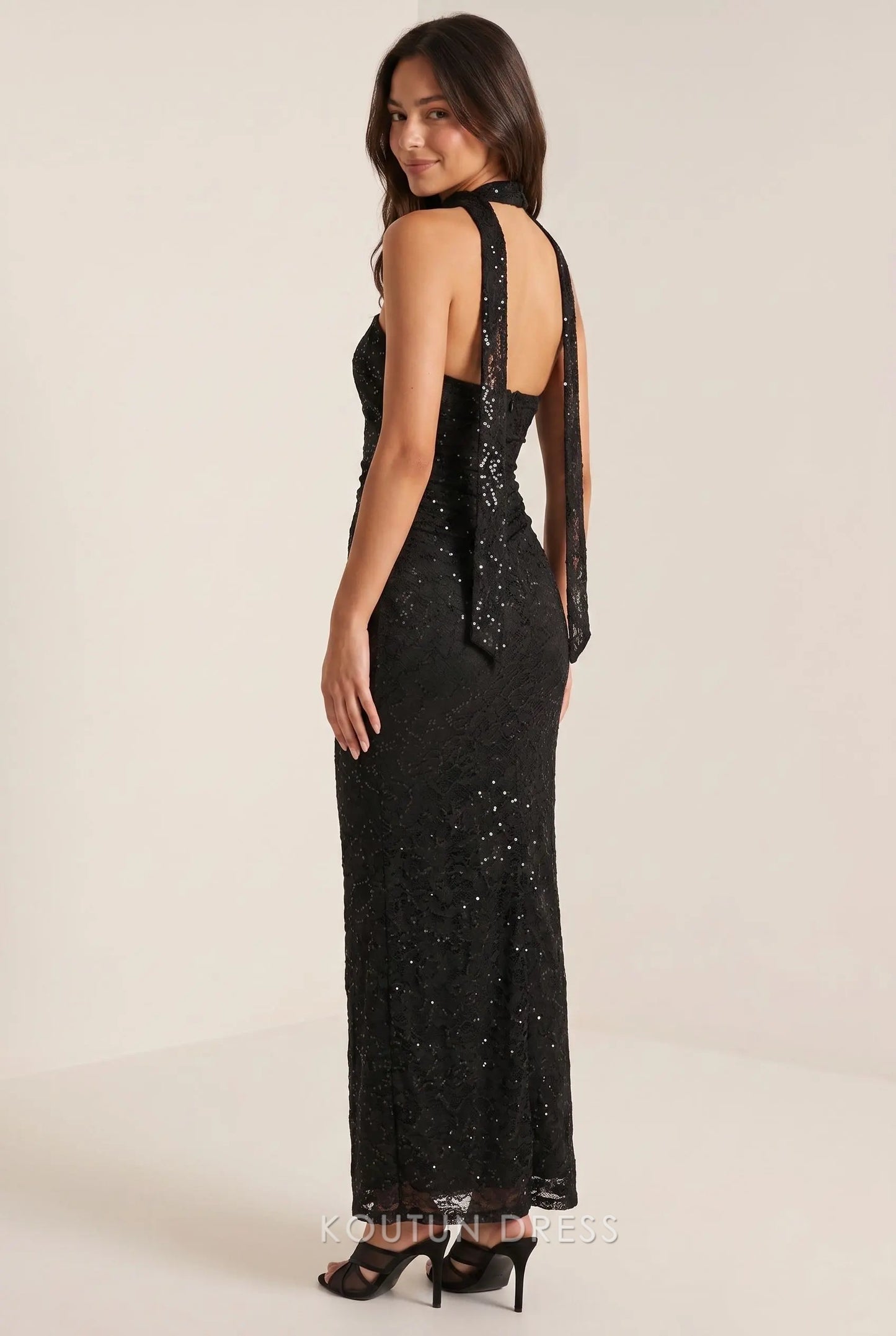 Black Lace Sequin Mermaid Convertible Halter Neck Tie Open Back Floor Length Formal Evening Prom Dress