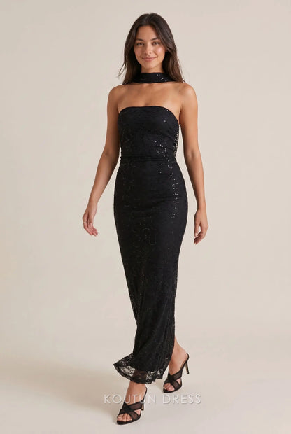 Black Lace Sequin Mermaid Convertible Halter Neck Tie Open Back Floor Length Formal Evening Prom Dress