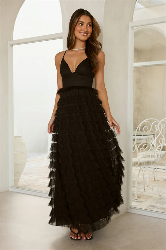 Black Maxi Evening Dresses with Deep V Neck Thin Straps Back Cutout Tiered Tulle Skirt
