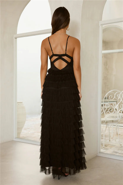 Black Maxi Evening Dresses with Deep V Neck Thin Straps Back Cutout Tiered Tulle Skirt
