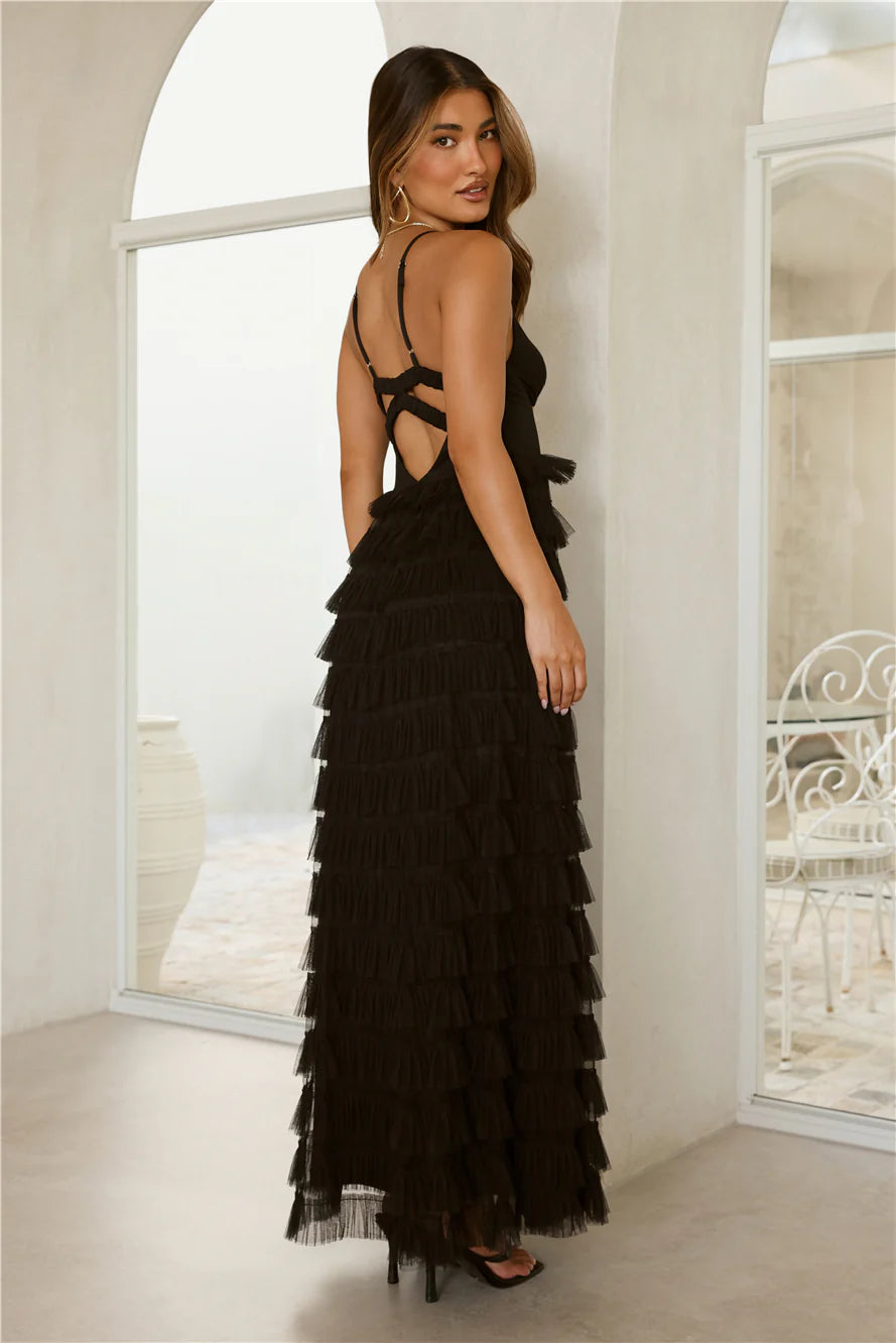 Black Maxi Evening Dresses with Deep V Neck Thin Straps Back Cutout Tiered Tulle Skirt