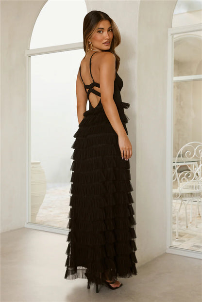 Black Maxi Evening Dresses with Deep V Neck Thin Straps Back Cutout Tiered Tulle Skirt