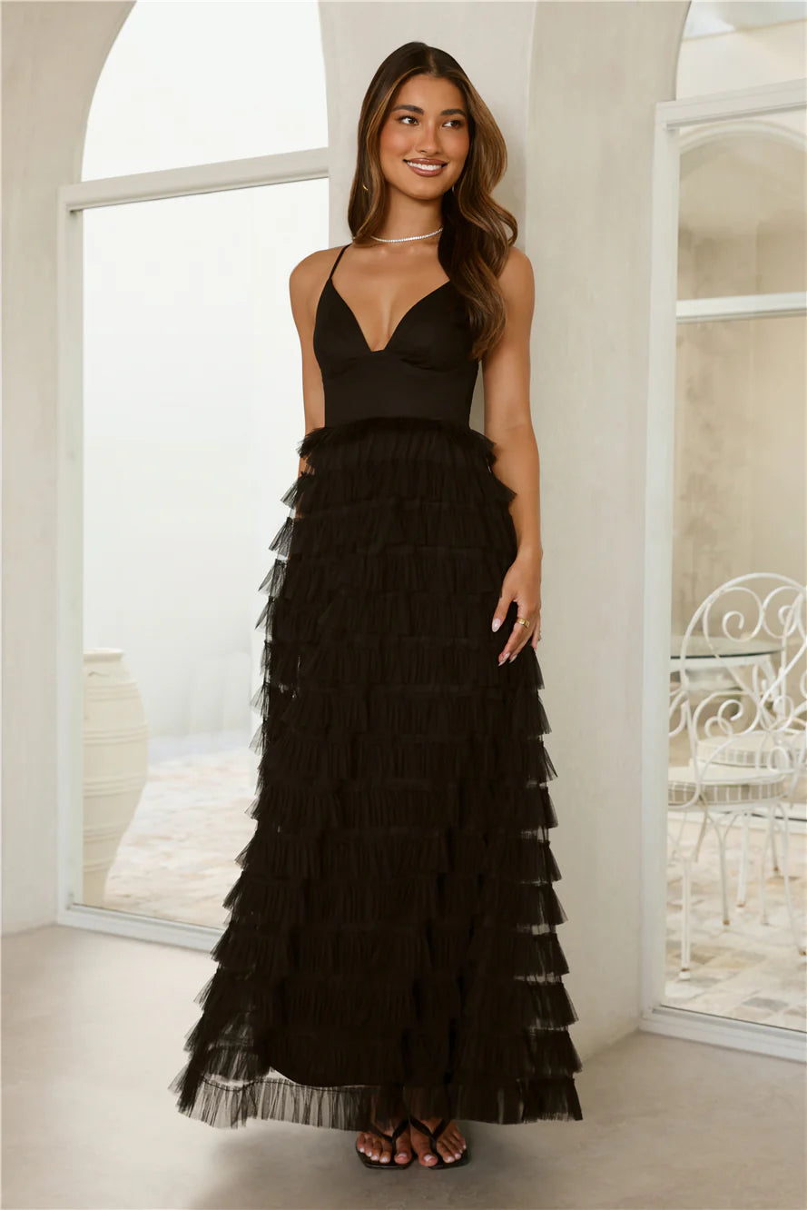 Black Maxi Evening Dresses with Deep V Neck Thin Straps Back Cutout Tiered Tulle Skirt