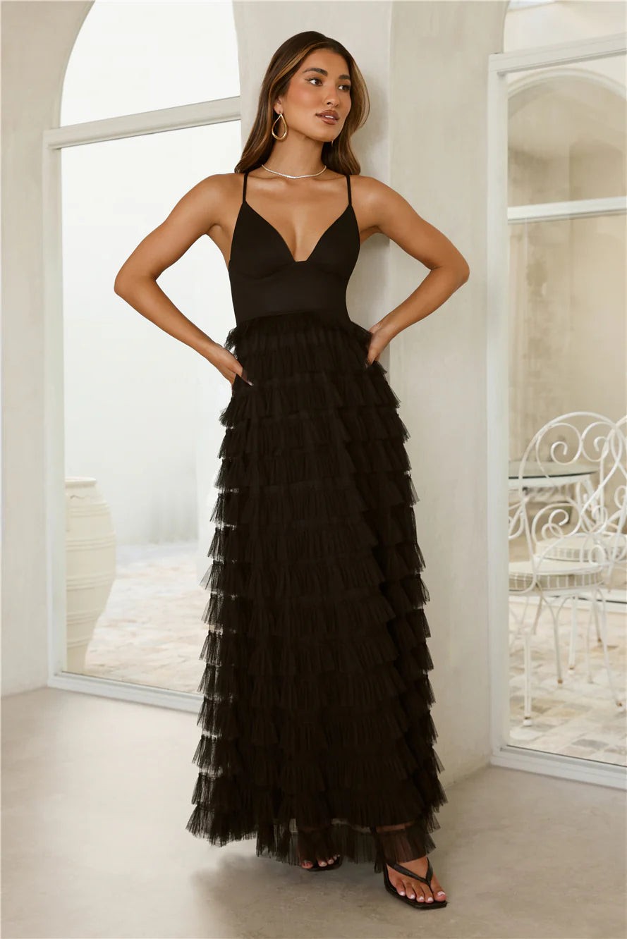 Black Maxi Evening Dresses with Deep V Neck Thin Straps Back Cutout Tiered Tulle Skirt