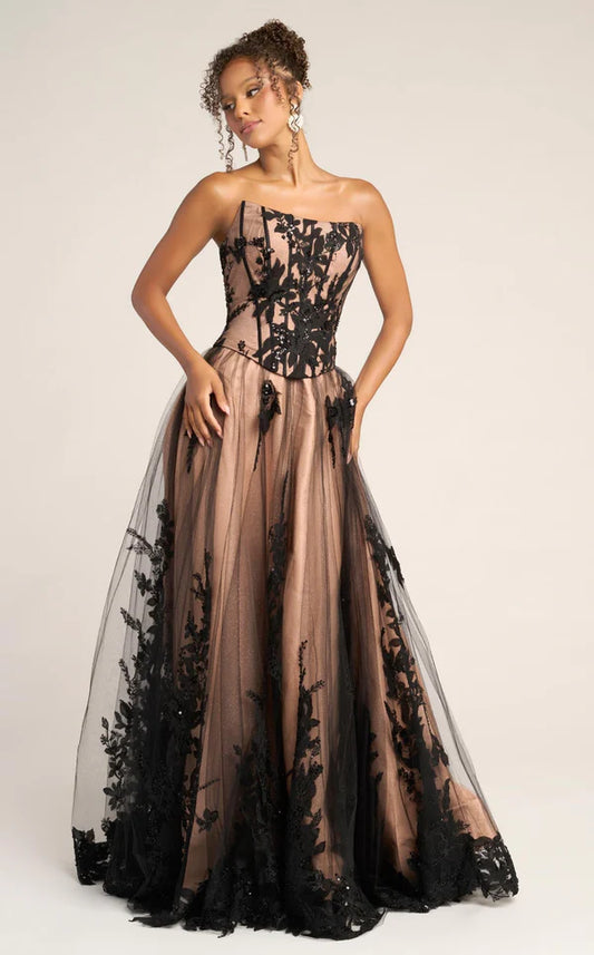 Black Nude Strapless Corset Floral Lace Tulle Ball Gown Back Zipper Floor Length Formal Evening Prom Dress