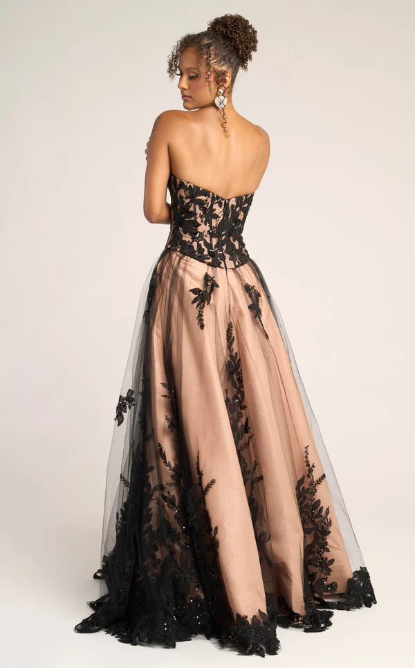 Black Nude Strapless Corset Floral Lace Tulle Ball Gown Back Zipper Floor Length Formal Evening Prom Dress