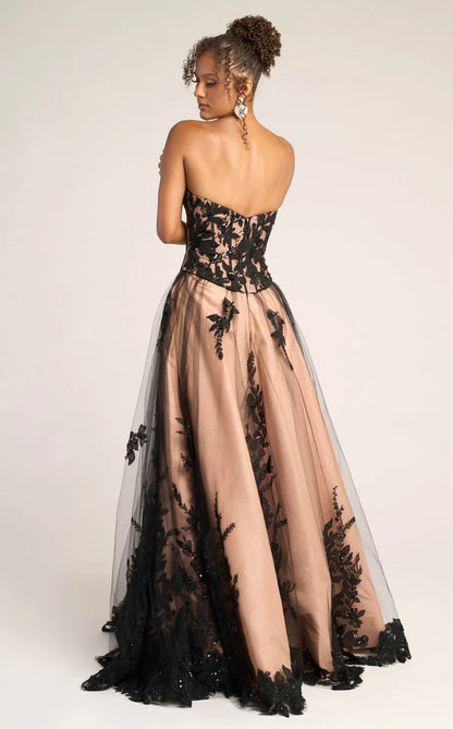 Black Nude Strapless Corset Floral Lace Tulle Ball Gown Back Zipper Floor Length Formal Evening Prom Dress