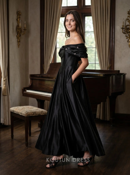 Black Off The Shoulder Bow Accent Beaded Satin A Line Floor Length Formal Evening Prom Dress