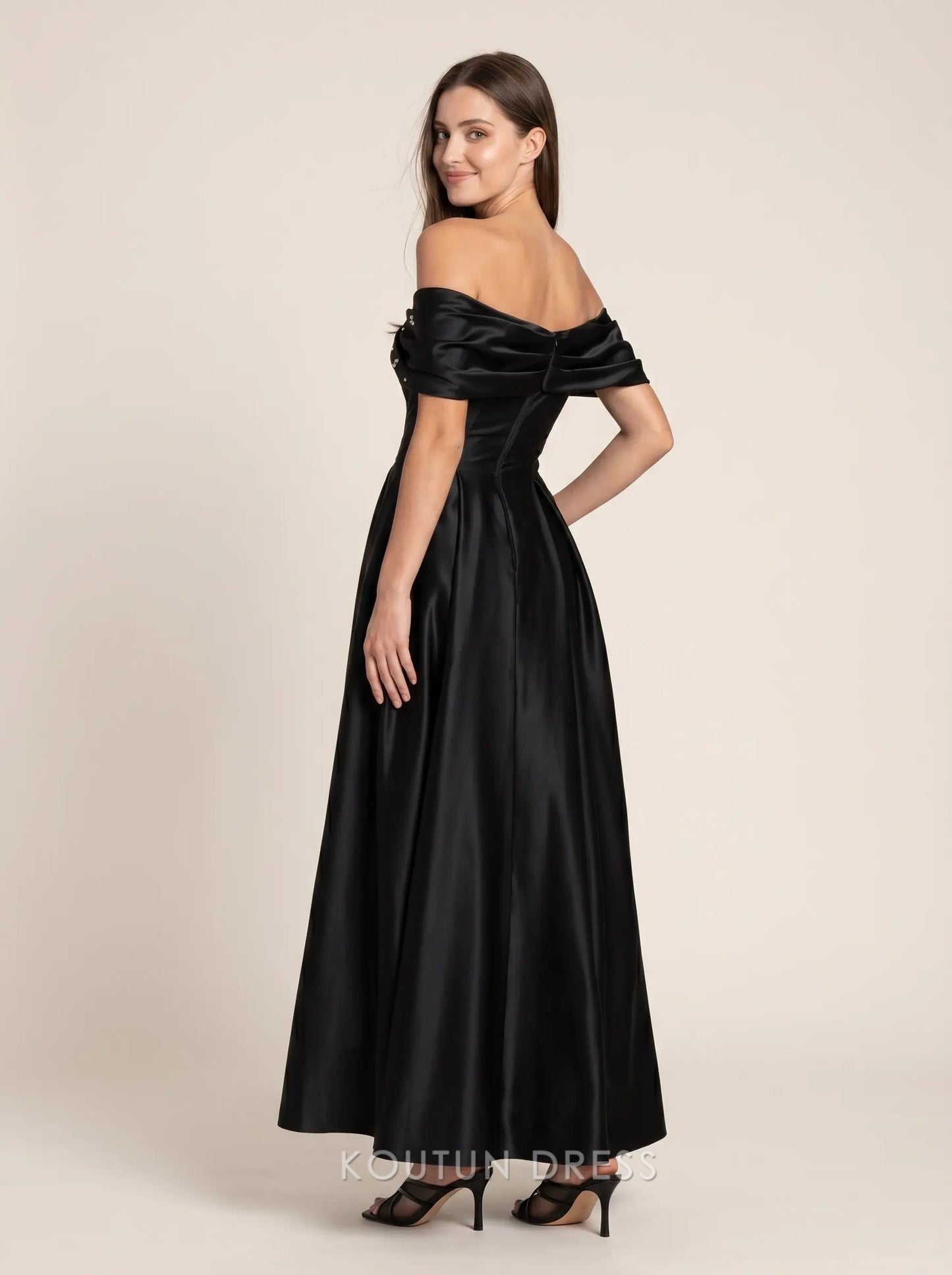 Black Off The Shoulder Bow Accent Beaded Satin A Line Floor Length Formal Evening Prom Dress