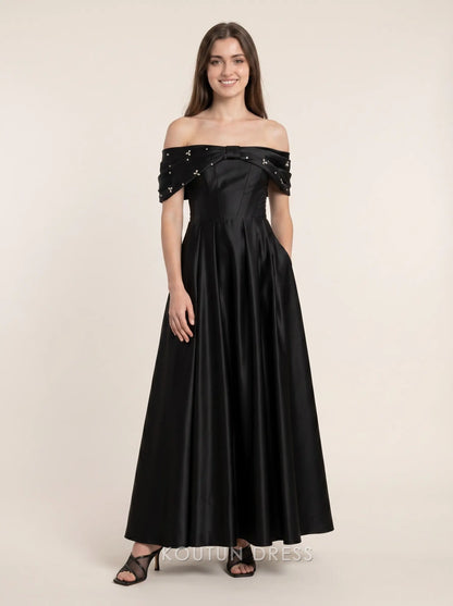 Black Off The Shoulder Bow Accent Beaded Satin A Line Floor Length Formal Evening Prom Dress