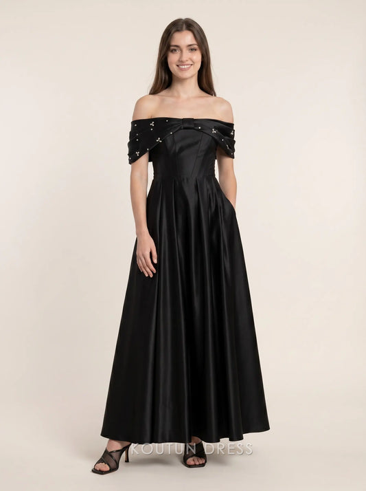 Black Off The Shoulder Bow Accent Beaded Satin A Line Floor Length Formal Evening Prom Dress