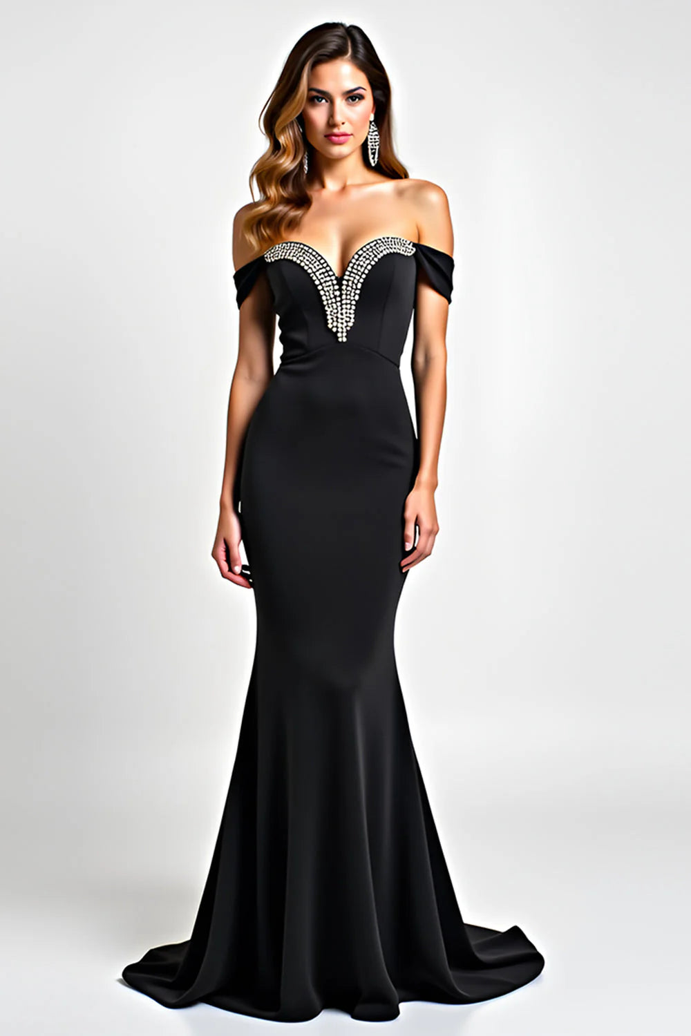 Black Off The Shoulder Prom Dress With Beaded Sweetheart Neckline And Cutout Back Mermaid Silhouette For Formal Evening Party