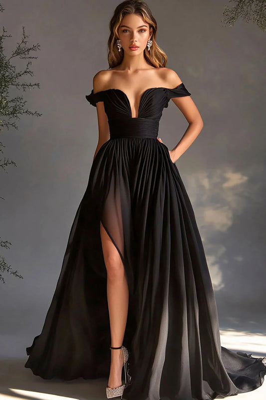 Black Off The Shoulder Prom Dress With Ruched Bodice And High Slit Chiffon A Line Skirt For Formal Evening Party