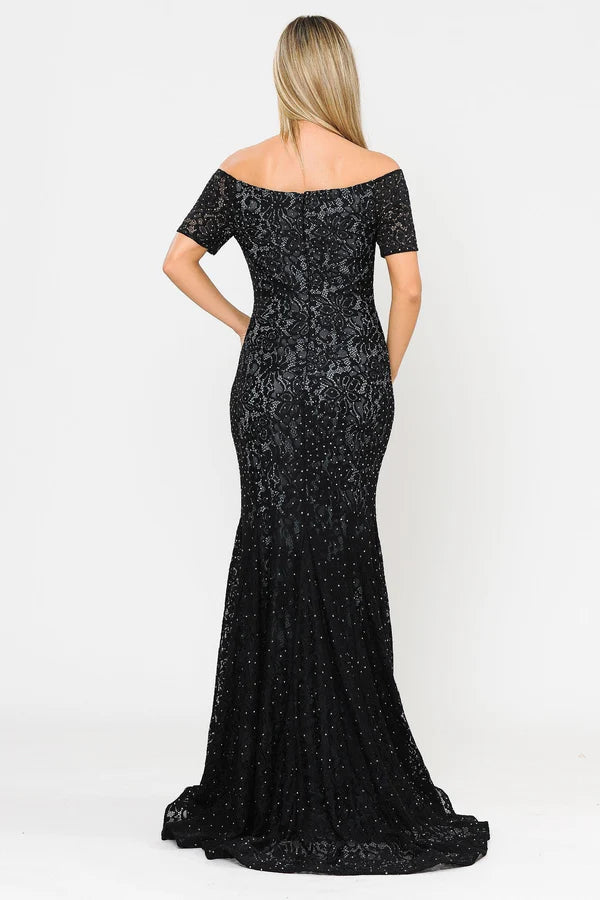 Black Off The Shoulder Sweetheart Lace Rhinestone Short Sleeve Mermaid Floor Length Formal Evening Prom Dress