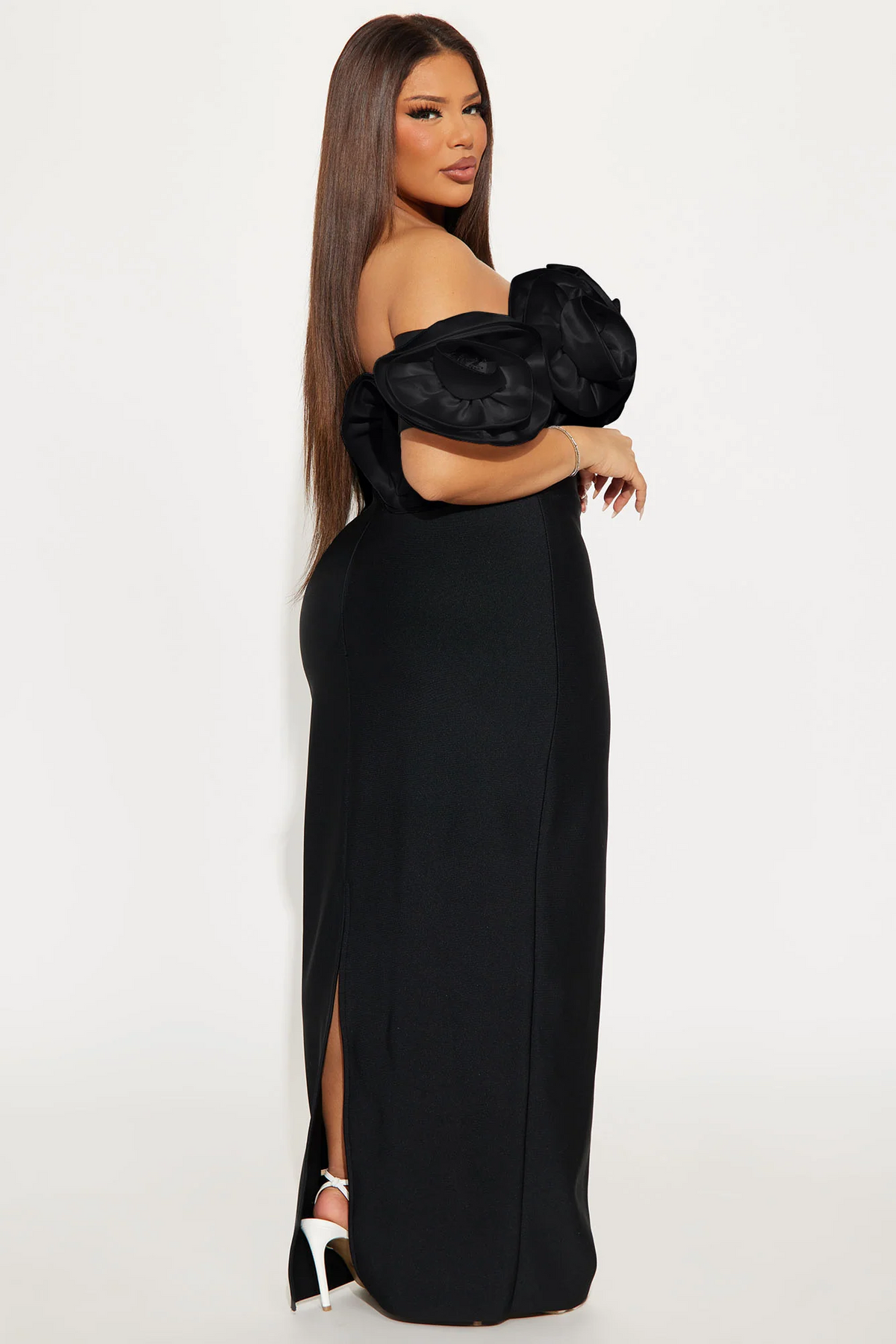 Black Plus Size Off Shoulder 3D Floral Mermaid Slit Evening Dress