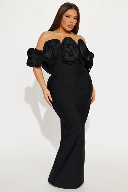 Black Plus Size Off Shoulder 3D Floral Mermaid Slit Evening Dress