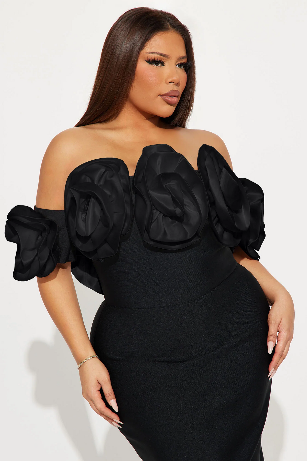 Black Plus Size Off Shoulder 3D Floral Mermaid Slit Evening Dress
