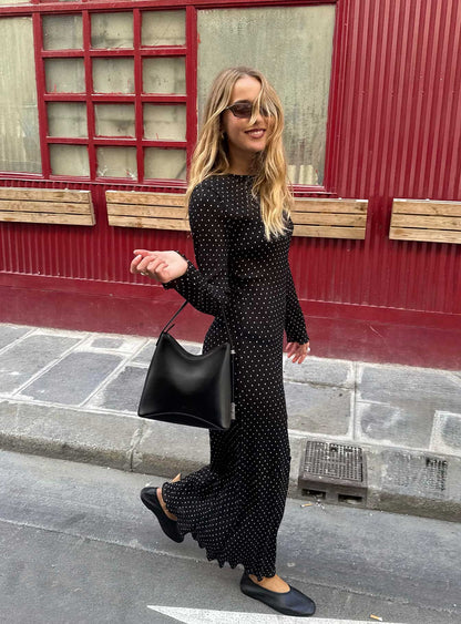Black Polka Dot Prom Dress with Long Sleeves and Asymmetric Neck for Formal Events and Prom Nights