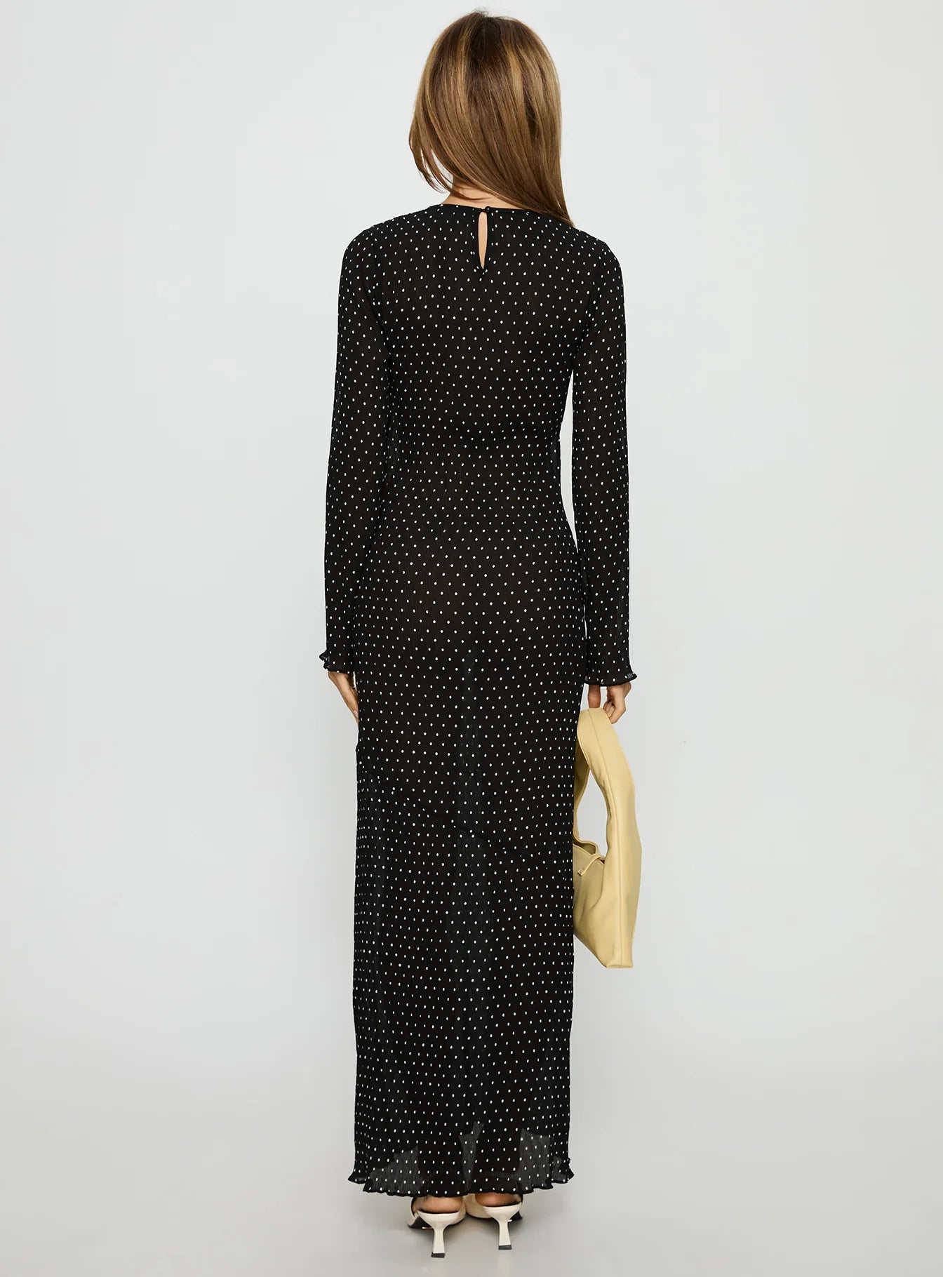 Black Polka Dot Prom Dress with Long Sleeves and Asymmetric Neck for Formal Events and Prom Nights
