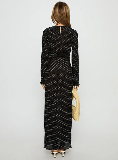 Black Polka Dot Prom Dress with Long Sleeves and Asymmetric Neck for Formal Events and Prom Nights