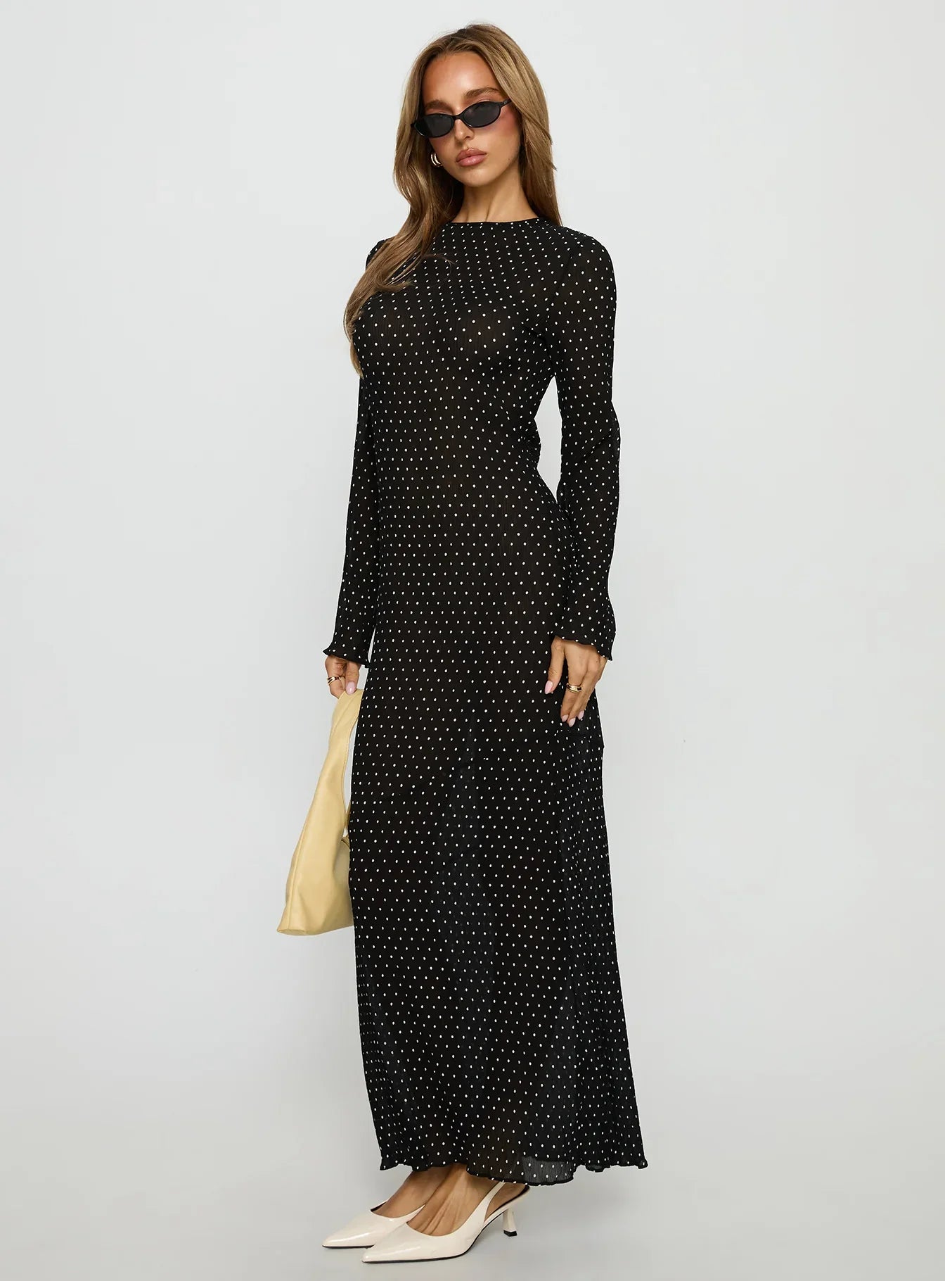 Black Polka Dot Prom Dress with Long Sleeves and Asymmetric Neck for Formal Events and Prom Nights