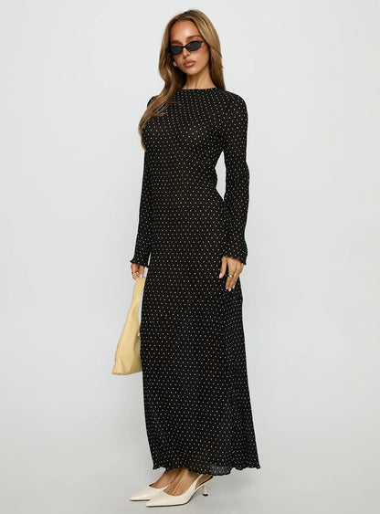 Black Polka Dot Prom Dress with Long Sleeves and Asymmetric Neck for Formal Events and Prom Nights