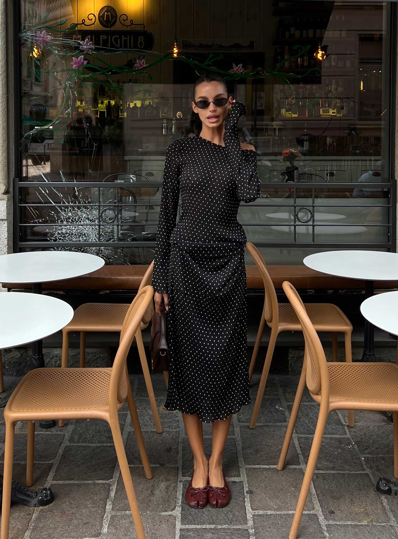 Black Polka Dot Prom Dress with Long Sleeves and Asymmetric Neck for Formal Events and Prom Nights