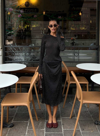 Black Polka Dot Prom Dress with Long Sleeves and Asymmetric Neck for Formal Events and Prom Nights