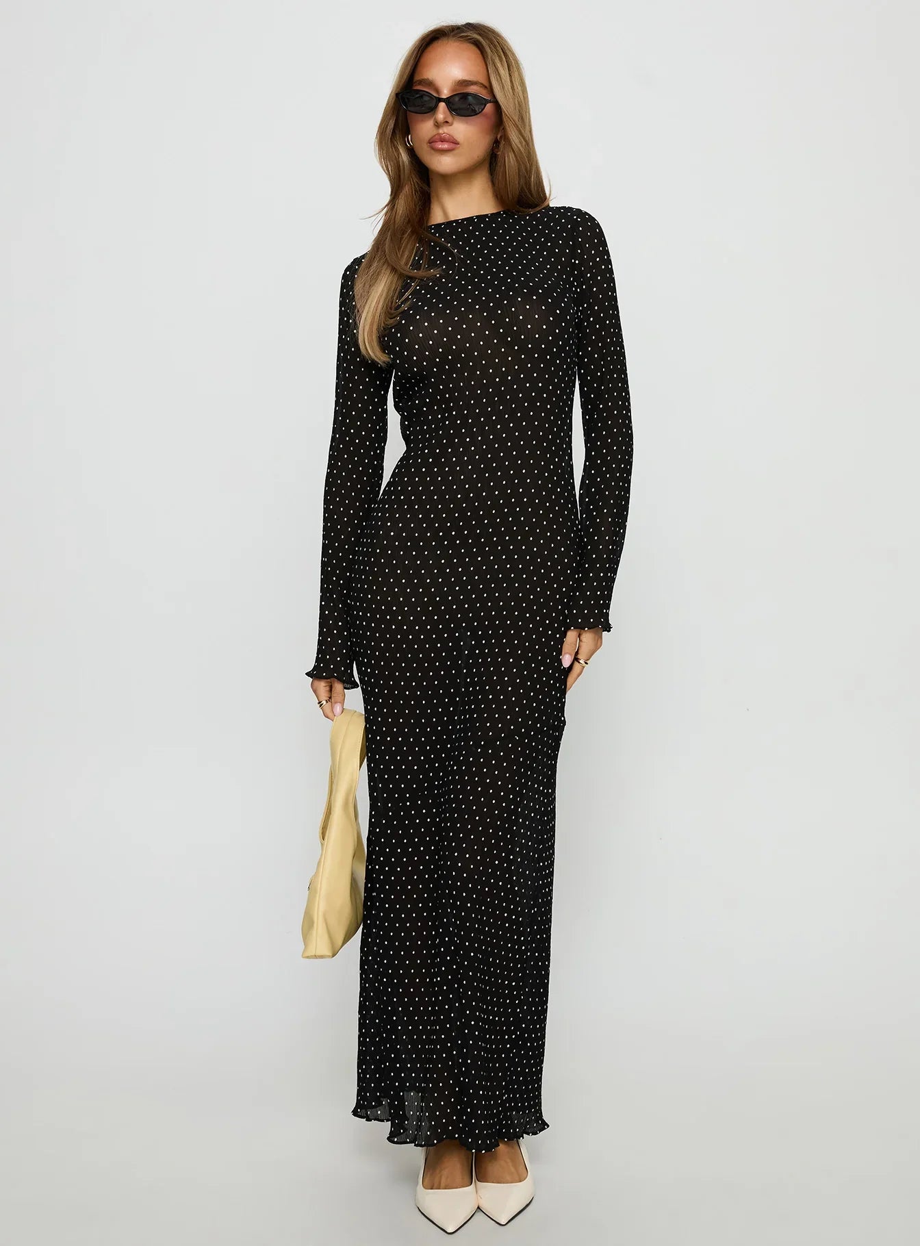 Black Polka Dot Prom Dress with Long Sleeves and Asymmetric Neck for Formal Events and Prom Nights
