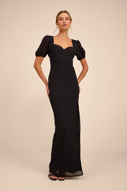 Black Puff Sleeve Prom Dress With Open Back Tie Detail And Sheath Formal Prom Dress