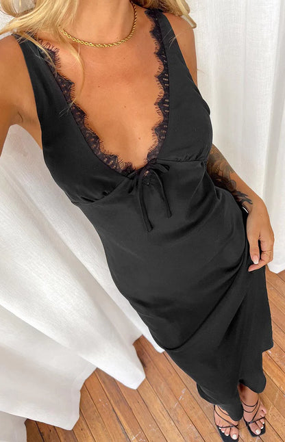 Black Satin Maxi Dresses with Lace Trim V Neck Thin Straps and Fitted Mermaid Skirt